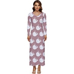 Cute Whale Illustration Pattern Long Sleeve Longline Maxi Dress