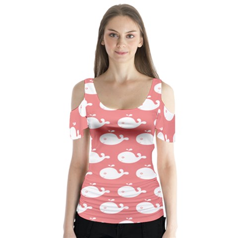 Coral Whales Pattern Butterfly Sleeve Cutout Tee  by GardenOfOphir