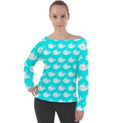 Cute Whale Illustration Pattern Off Shoulder Long Sleeve Velour Top by GardenOfOphir