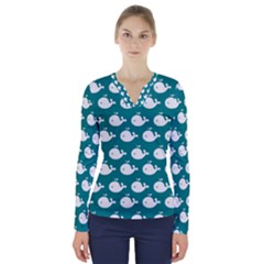 Cute Whale Illustration Pattern V-Neck Long Sleeve Top