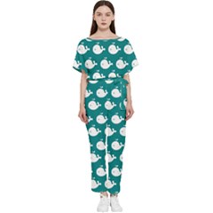 Cute Whale Illustration Pattern Batwing Lightweight Chiffon Jumpsuit