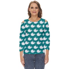 Cute Whale Illustration Pattern Cut Out Wide Sleeve Top