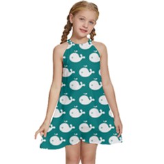 Cute Whale Illustration Pattern Kids  Halter Collar Waist Tie Chiffon Dress