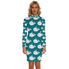 Cute Whale Illustration Pattern Long Sleeve Shirt Collar Bodycon Dress