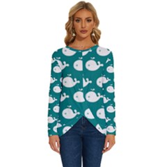 Cute Whale Illustration Pattern Long Sleeve Crew Neck Pullover Top