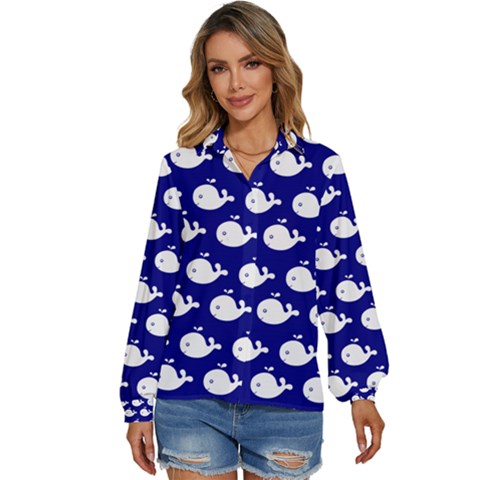 Cute Whale Illustration Pattern Women s Long Sleeve Button Down Shirt by GardenOfOphir