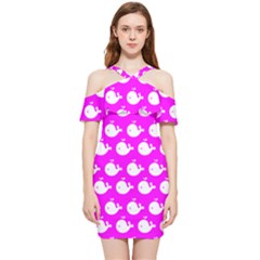 Cute Whale Illustration Pattern Shoulder Frill Bodycon Summer Dress