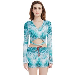 Tropical Blue Ocean Wave Velvet Wrap Crop Top And Shorts Set by Jack14