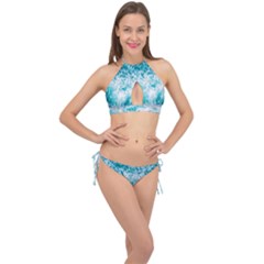 Tropical Blue Ocean Wave Cross Front Halter Bikini Set by Jack14