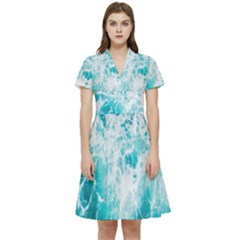 Tropical Blue Ocean Wave Short Sleeve Waist Detail Dress by Jack14
