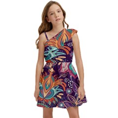 Ornamental Patterns Abstract Flower Pattern Purple Kids  One Shoulder Party Dress