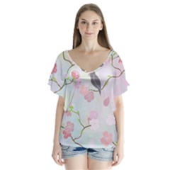 Birds Blossom Seamless Pattern V-neck Flutter Sleeve Top by Jancukart