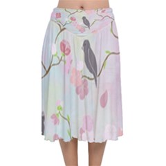 Birds Blossom Seamless Pattern Velvet Flared Midi Skirt by Jancukart