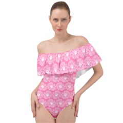 Pink Gerbera Daisy Vector Tile Pattern Off Shoulder Velour Bodysuit  by GardenOfOphir