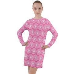 Pink Gerbera Daisy Vector Tile Pattern Long Sleeve Hoodie Dress by GardenOfOphir