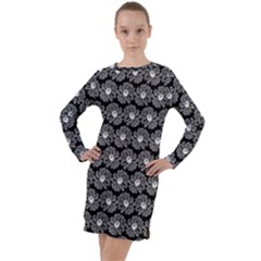 Black And White Gerbera Daisy Vector Tile Pattern Long Sleeve Hoodie Dress by GardenOfOphir