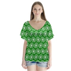 Gerbera Daisy Vector Tile Pattern V-neck Flutter Sleeve Top by GardenOfOphir