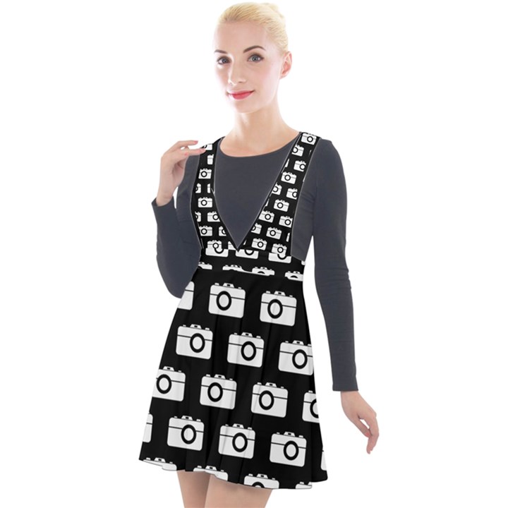 Modern Chic Vector Camera Illustration Pattern Plunge Pinafore Velour Dress