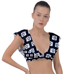 Modern Chic Vector Camera Illustration Pattern Plunge Frill Sleeve Bikini Top