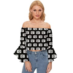 Modern Chic Vector Camera Illustration Pattern Off Shoulder Flutter Bell Sleeve Top by GardenOfOphir