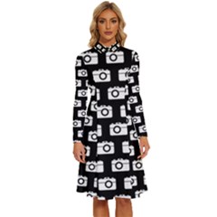 Modern Chic Vector Camera Illustration Pattern Long Sleeve Shirt Collar A-line Dress by GardenOfOphir