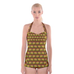 Burger Snadwich Food Tile Pattern Boyleg Halter Swimsuit 