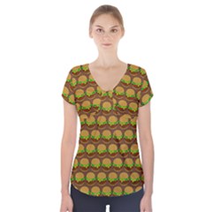 Burger Snadwich Food Tile Pattern Short Sleeve Front Detail Top by GardenOfOphir