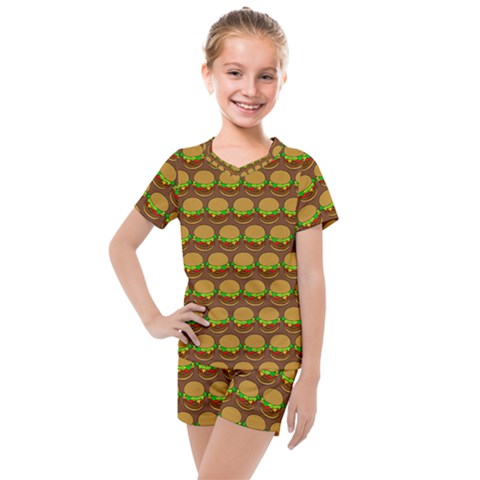 Burger Snadwich Food Tile Pattern Kids  Mesh Tee And Shorts Set by GardenOfOphir