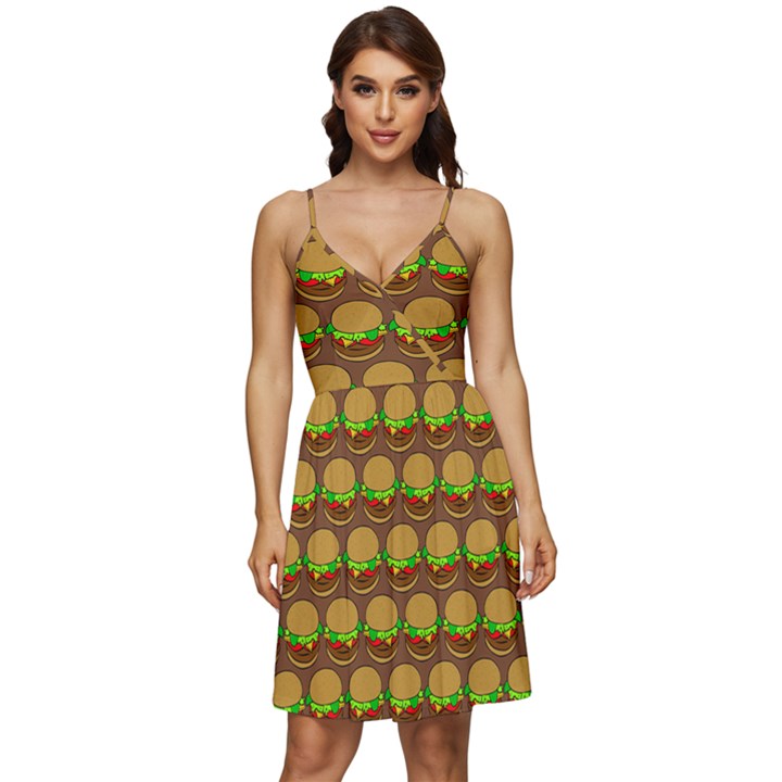 Burger Snadwich Food Tile Pattern V-Neck Pocket Summer Dress 
