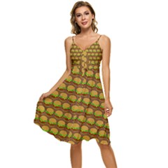 Burger Snadwich Food Tile Pattern Sleeveless Tie Front Chiffon Dress