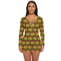 Burger Snadwich Food Tile Pattern Long Sleeve Boyleg Swimsuit