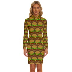 Burger Snadwich Food Tile Pattern Long Sleeve Shirt Collar Bodycon Dress