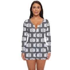 Modern Chic Vector Camera Illustration Pattern Long Sleeve Boyleg Swimsuit by GardenOfOphir