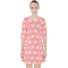 Coral Pink Gerbera Daisy Vector Tile Pattern Quarter Sleeve Pocket Dress