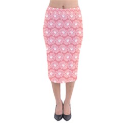 Coral Pink Gerbera Daisy Vector Tile Pattern Velvet Midi Pencil Skirt by GardenOfOphir