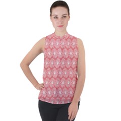 Coral Pink Gerbera Daisy Vector Tile Pattern Mock Neck Chiffon Sleeveless Top