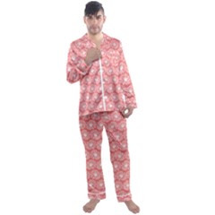 Coral Pink Gerbera Daisy Vector Tile Pattern Men s Long Sleeve Satin Pajamas Set