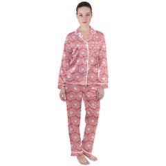 Coral Pink Gerbera Daisy Vector Tile Pattern Women s Long Sleeve Satin Pajamas Set	