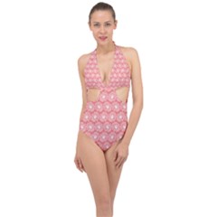 Coral Pink Gerbera Daisy Vector Tile Pattern Halter Front Plunge Swimsuit