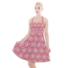 Coral Pink Gerbera Daisy Vector Tile Pattern Halter Party Swing Dress  by GardenOfOphir