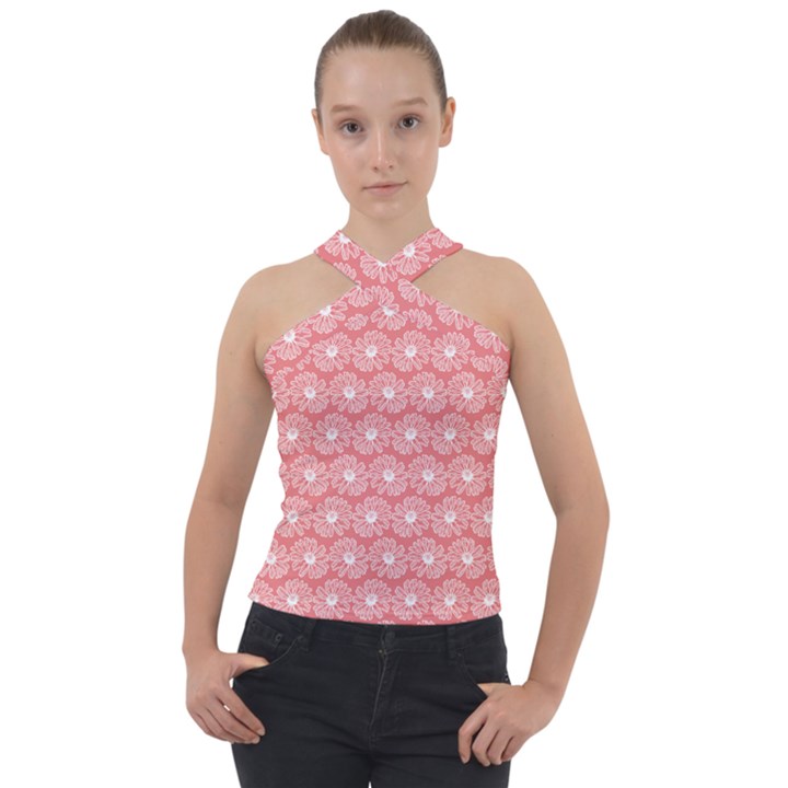 Coral Pink Gerbera Daisy Vector Tile Pattern Cross Neck Velour Top