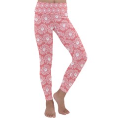 Coral Pink Gerbera Daisy Vector Tile Pattern Kids  Lightweight Velour Classic Yoga Leggings by GardenOfOphir