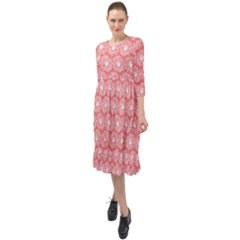 Coral Pink Gerbera Daisy Vector Tile Pattern Ruffle End Midi Chiffon Dress