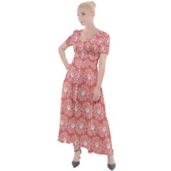 Coral Pink Gerbera Daisy Vector Tile Pattern Button Up Short Sleeve Maxi Dress