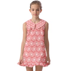 Coral Pink Gerbera Daisy Vector Tile Pattern Kids  Pilgrim Collar Ruffle Hem Dress