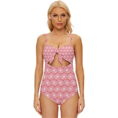 Coral Pink Gerbera Daisy Vector Tile Pattern Knot Front One-piece Swimsuit by GardenOfOphir