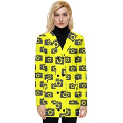 Modern Chic Vector Camera Illustration Pattern Button Up Hooded Coat  by GardenOfOphir