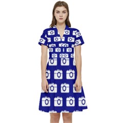 Modern Chic Vector Camera Illustration Pattern Short Sleeve Waist Detail Dress by GardenOfOphir