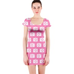 Pink Modern Chic Vector Camera Illustration Pattern Short Sleeve Bodycon Dress by GardenOfOphir