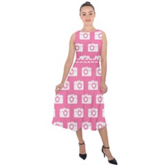 Pink Modern Chic Vector Camera Illustration Pattern Midi Tie-back Chiffon Dress